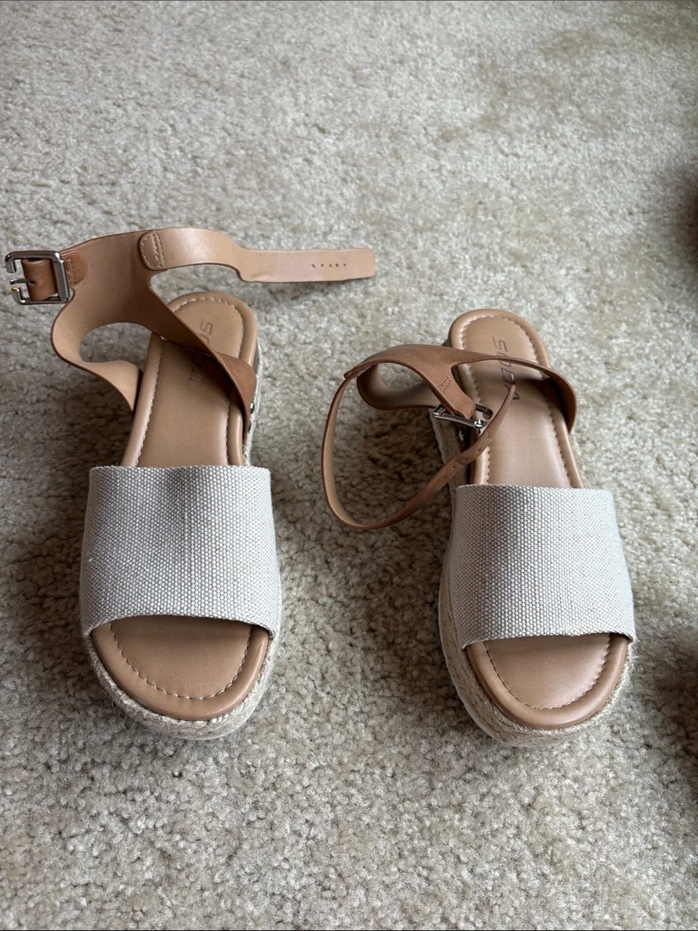 Soda Cream Canvas Espadrille Platform Sandals with Tan Ankle Straps